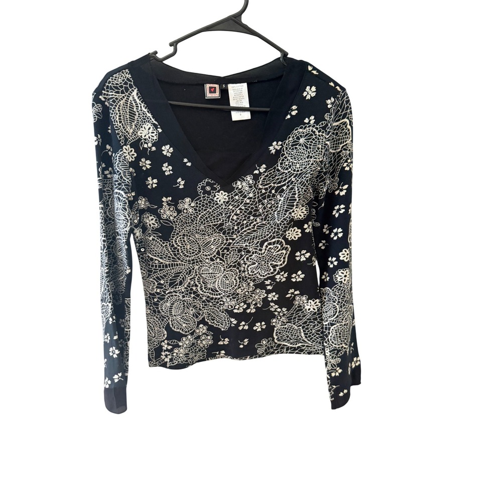 Forbidden Vintage Y2k Black Blue Floral Lace‎ Print Rhinestone Whimsigoth Top S